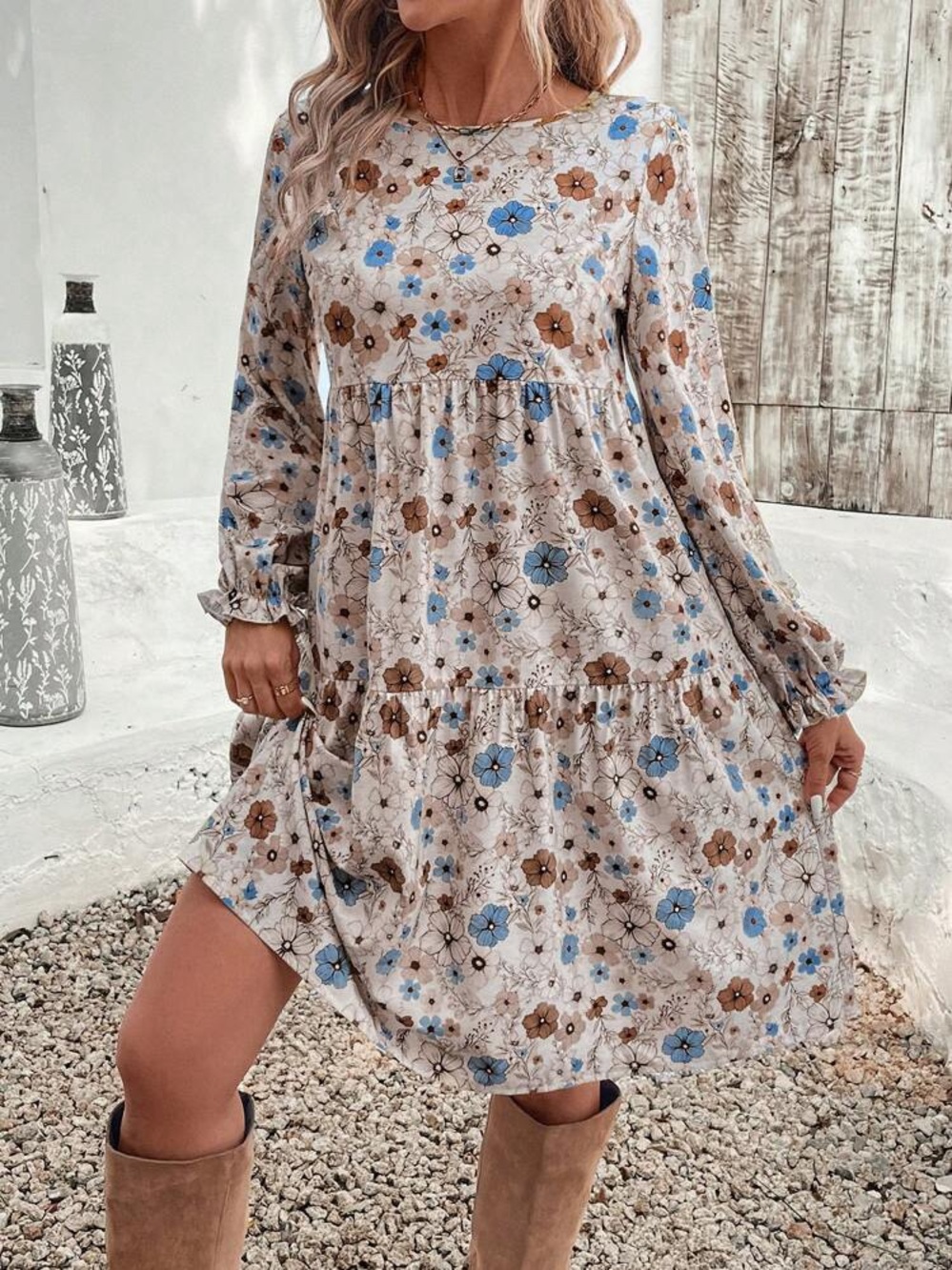 SHEIN Floral Tiered Long-Sleeve Dress - Blue & Brown